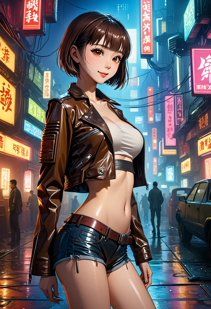 ((masterpiece,Highest quality:1.3)), 8k wallpaper、cowboy shot,1woman、20 year old beauty、独奏,((very small head:1.5)),dark brown hair,short bob hair,blunt bangs,brown eyes,gorgeous eyes,shy,smile,medium breasts,((very long body:1.3)),(toned body,slender body,skinny),gleaming skin,shiny skin,oily skin,(leather jacket、Tube top shirt、Micro Shorts、World of Blade Runner、