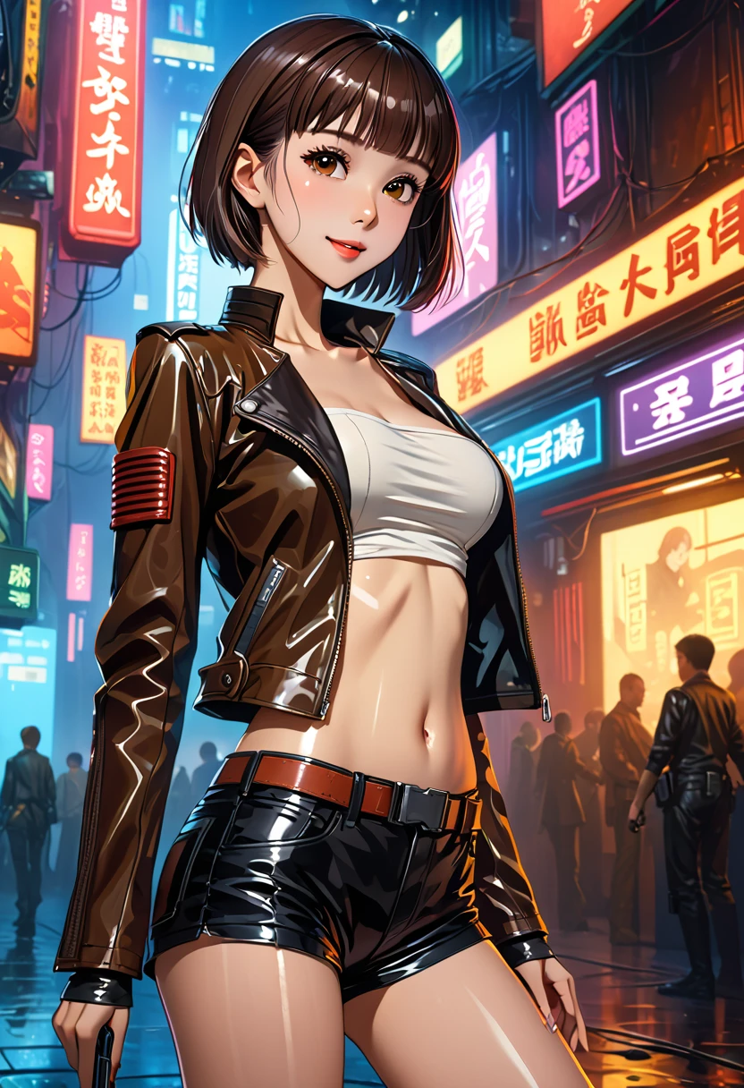 ((masterpiece,Highest quality:1.3)), 8k wallpaper、cowboy shot,1woman、20 year old beauty、独奏,((very small head:1.5)),dark brown hair,short bob hair,blunt bangs,brown eyes,gorgeous eyes,shy,smile,medium breasts,((very long body:1.3)),(toned body,slender body,skinny),gleaming skin,shiny skin,oily skin,(leather jacket、Tube top shirt、Micro Shorts、World of Blade Runner、