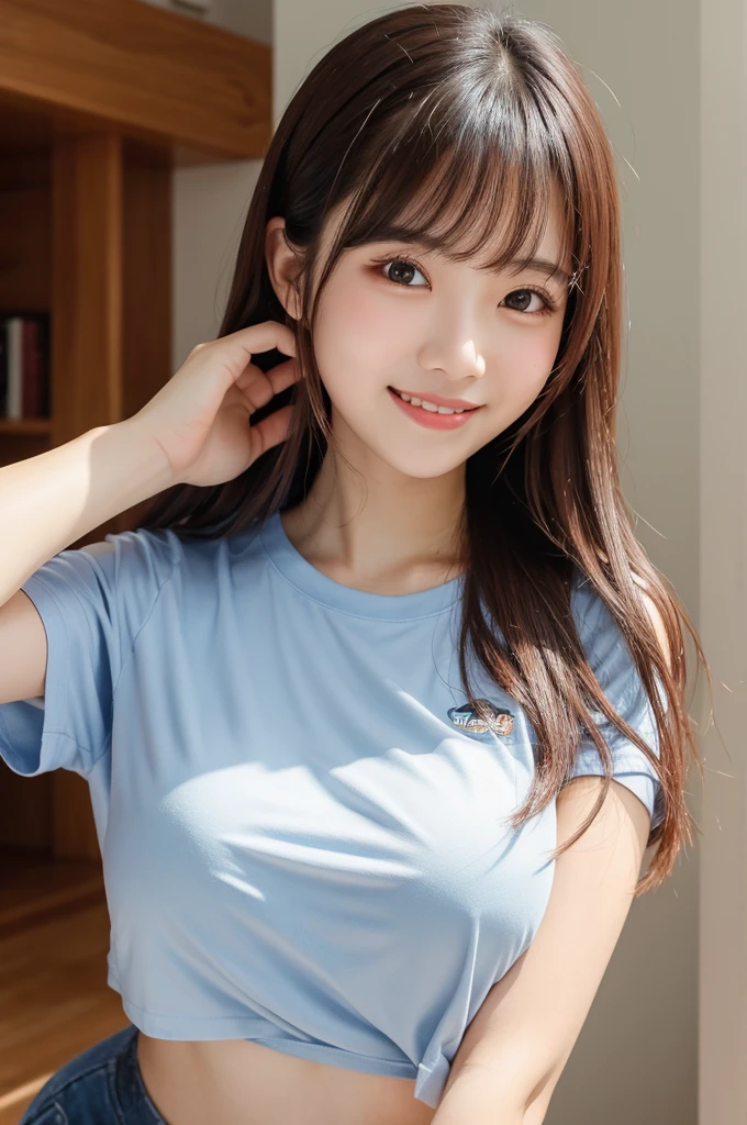 povbreastgrab, solo focus, 1girl, blush, looking at viewer, upper body, smile, bangs, sweat, wearing t-shirt