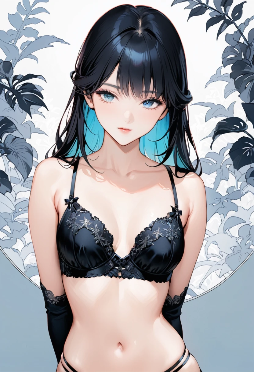 ((Top quality, masterpiece, freak, super resolution)), 1 girl, Japanese model,16 years old,Smooth black hair,A woman is wearing a (push-up bra) designed to provide ample support and enhance the bust. The bra features thin straps over the shoulders and additional decorative straps that cross over the chest. The base color is light blue. The cups are adorned with intricate black floral embroidery, creating a striking contrast against the light blue fabric. She pairs this with a matching (T-back panty) that features thin side straps and additional decorative straps crossing at the front. The base color of the panty is also light blue, with the same delicate black floral embroidery on the front, ensuring a cohesive design. This set combines the striking contrast of light blue and black, with detailed embroidery and decorative straps that stand out, emphasizing an elegant and sexy atmosphere.
