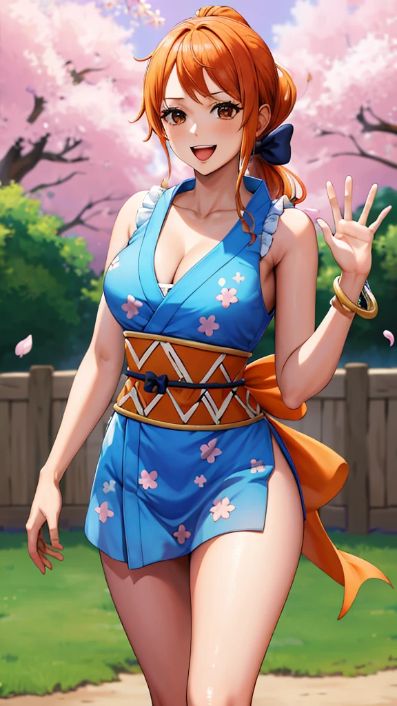 masterpiece, best quality, highres, nami (one piece), long hair, orange hair, low ponytail, hair bow, blue bow, brown eyes, collarbone, cleavage, short kimono, blue kimono, sleeveless, bare arms, bracelet, sash, obi, standing, cowboy shot, waving, outdoors, cherry blossoms, smile, open mouth,