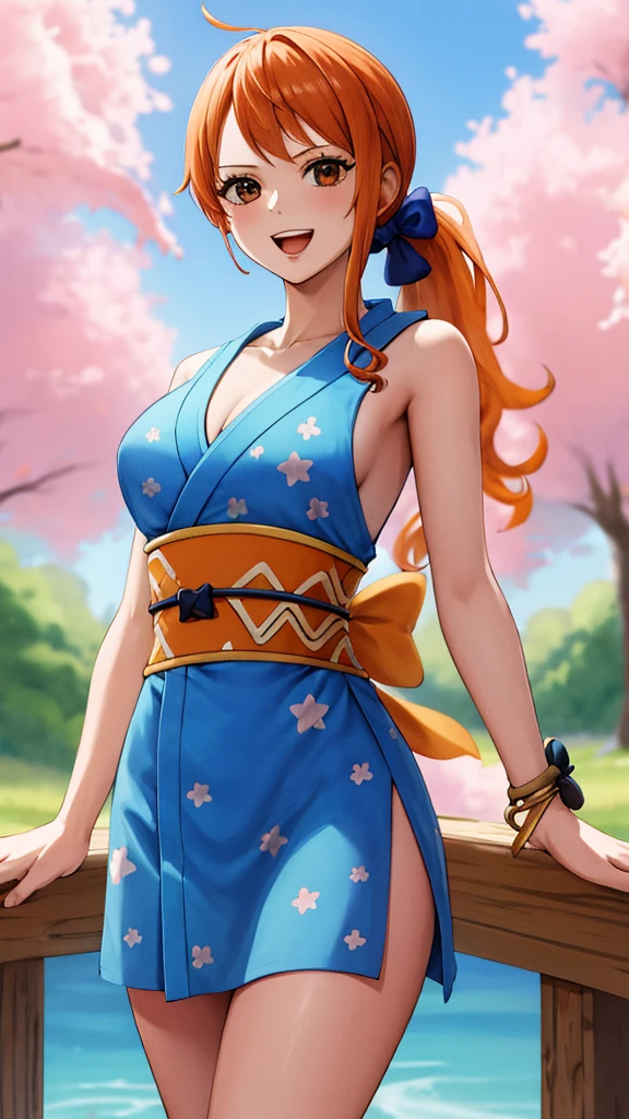 masterpiece, best quality, highres, nami (one piece), long hair, orange hair, low ponytail, hair bow, blue bow, brown eyes, collarbone, cleavage, short kimono, blue kimono, sleeveless, bare arms, bracelet, sash, obi, standing, cowboy shot, waving, outdoors, cherry blossoms, smile, open mouth,
