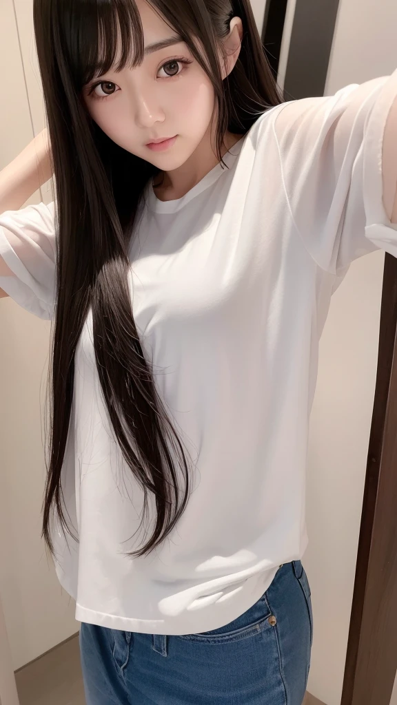 Woman with long hair and white shirt, Dilraba Dilmurat, Young and adorable Korean face, 8K Selfie, Girl cute beautiful face, With a cute - lovely - face, Young and pretty Asian face, Ulzzang, One adorable Korean face, Gentle eyes and a slim chin, Cute natural anime face, Beautiful aesthetic face, chestの谷間, big_chest