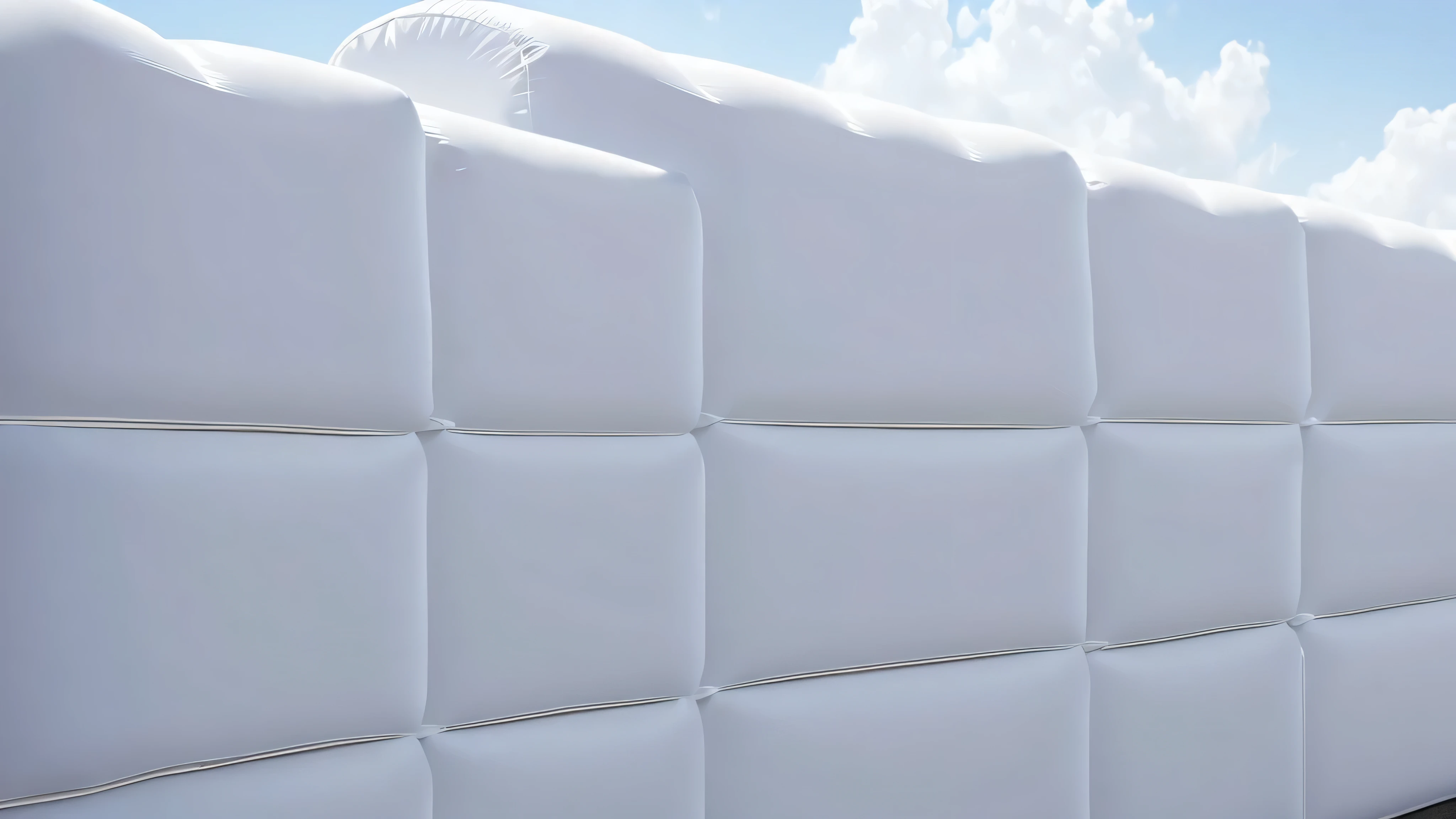 A wall composed of inflatable blocks，Front view，Realistic of a inflatable installation in the shape, white inflatable plastic film material, wrapped in a white polyester sheet. close-up，，minimalist, most best quality,32K Ultra HD, super detail, best quality, highres, high details，Top view
