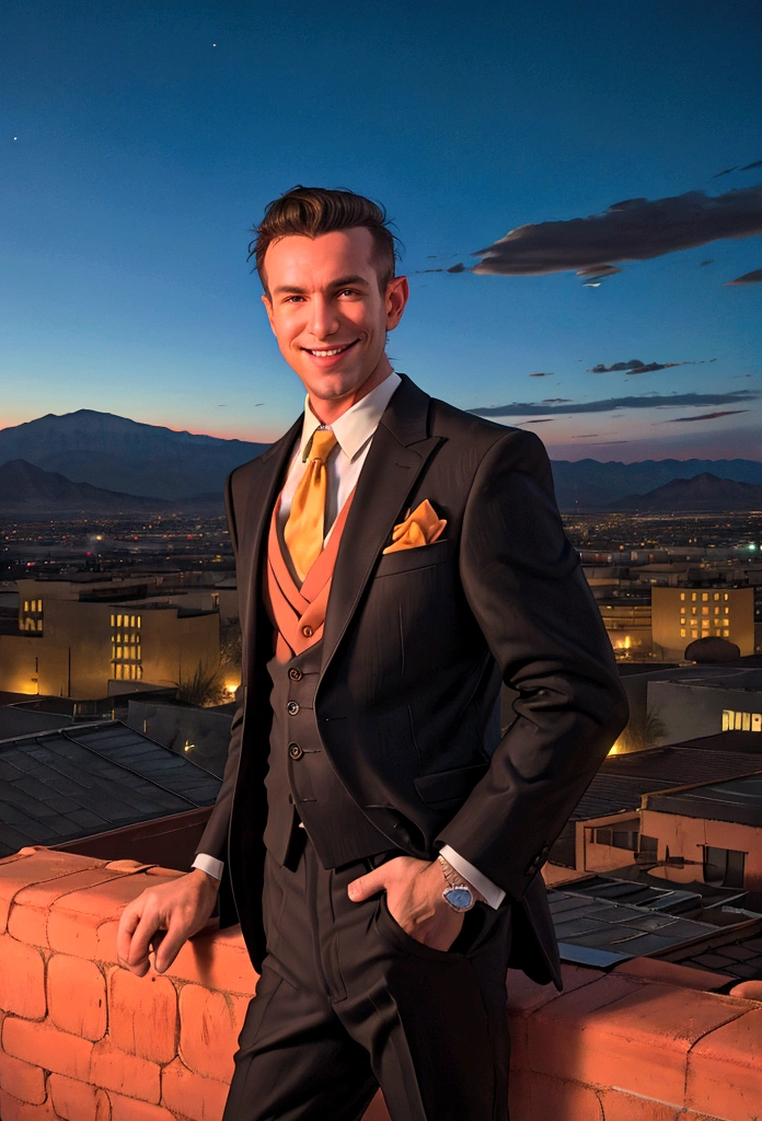 (solo), RAW Photo, photo of man Todder8 on a rooftop overlooking a small city at twilight wearing classic dapper clothes, (wearing suit), glow of the setting sun, vibrant ambiance, desert mountains, neon lights, music, (jet magazine), male, smiling, short hair, Todder5