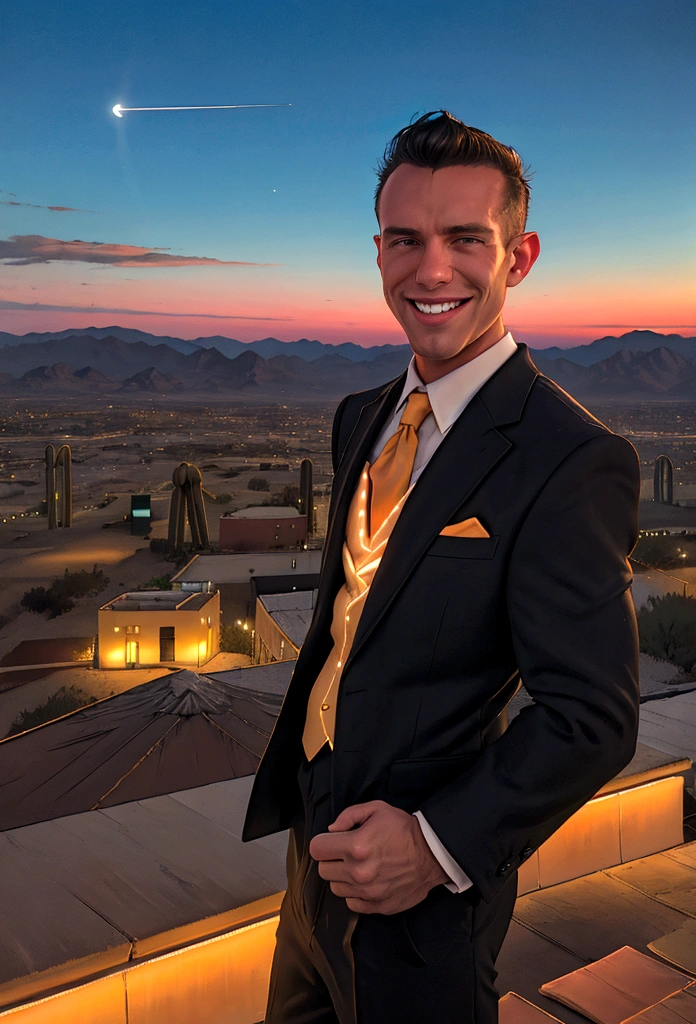 (solo), RAW Photo, photo of man Todder8 on a rooftop overlooking a small city at twilight wearing classic dapper clothes, (wearing suit), glow of the setting sun, vibrant ambiance, desert mountains, neon lights, music, (jet magazine), male, smiling, short hair, Todder5