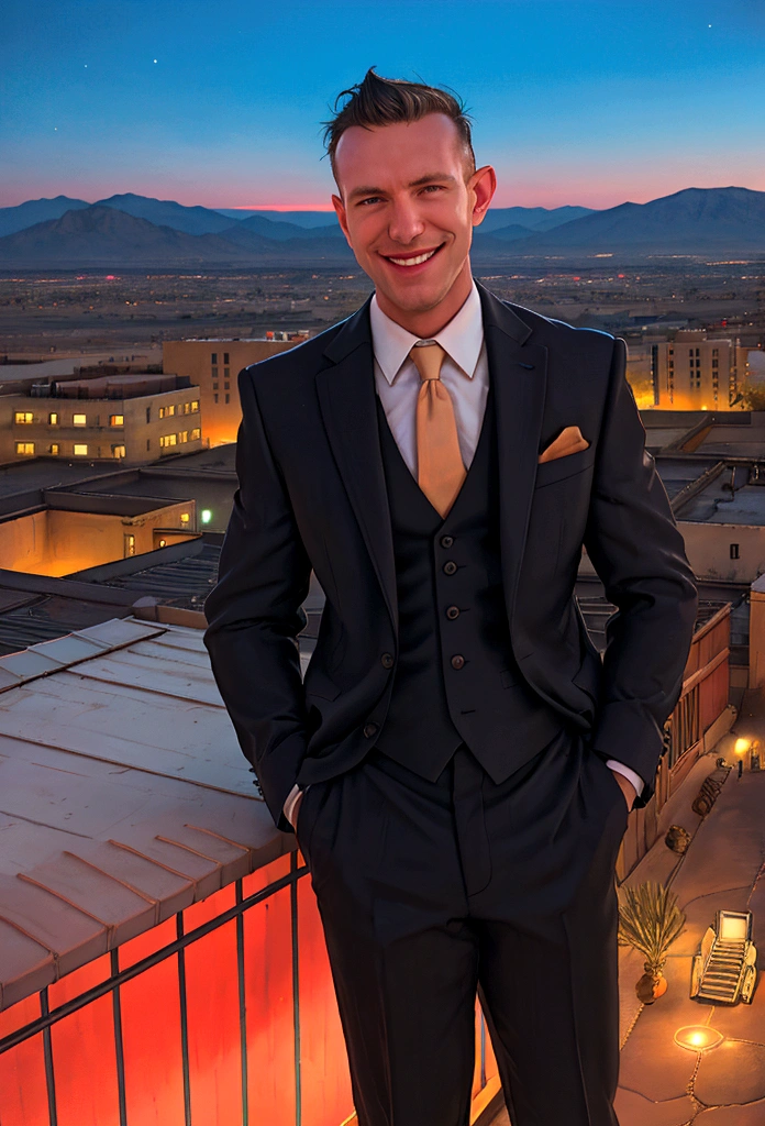 (solo), RAW Photo, photo of man Todder8 on a rooftop overlooking a small city at twilight wearing classic dapper clothes, (wearing suit), glow of the setting sun, vibrant ambiance, desert mountains, neon lights, music, (jet magazine), male, smiling, short hair, Todder5