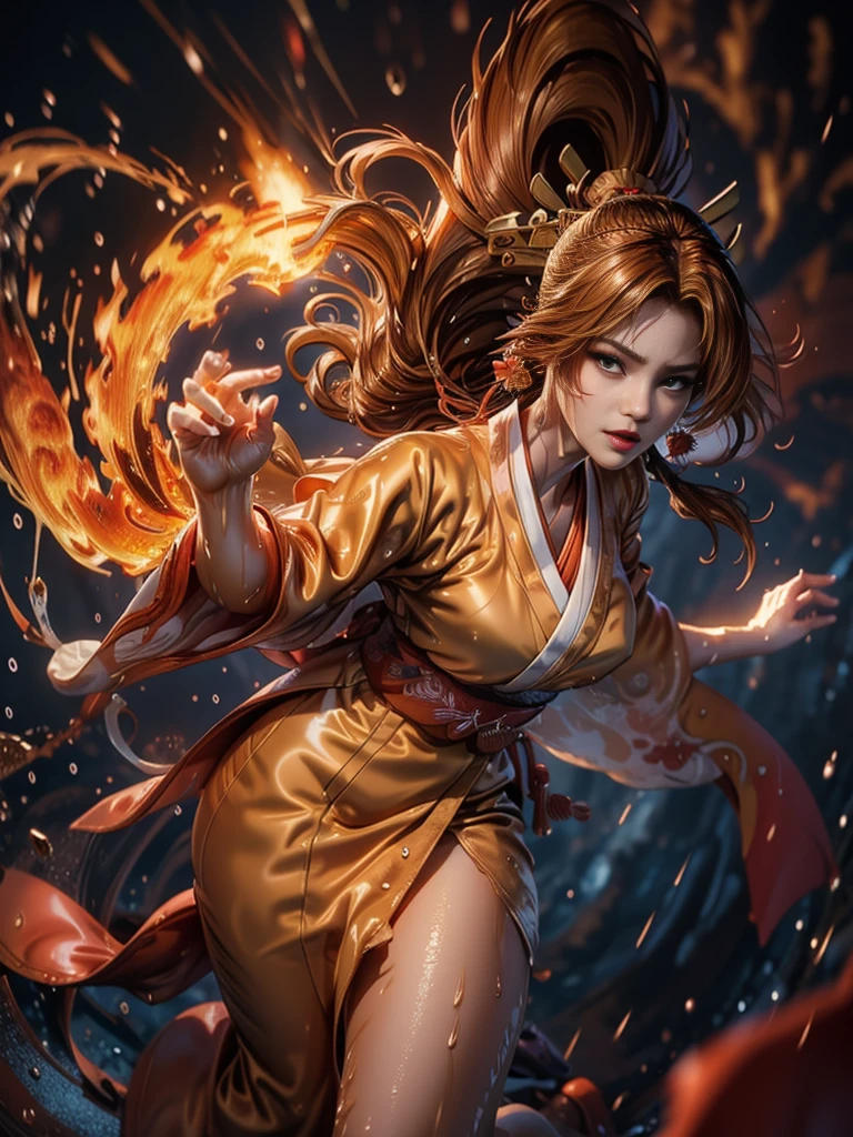 (exquisitely detailed CG unity 8k wallpaper, masterpiece-quality with stunning realism), (best illumination, best shadow), (best quality), (elegant style:1.2), Arti modern anime. angled view, heroic pose, (cel-shading style:1.3), centered image, ultra detailed closeup portrait of (Mai Shiranui:1) from (King of Fighters), best quality, expressive eyes, perfect face, highres, (ultra details), 1 girl, solo, (brown hair:1), hair ornament, eyeshadow, (gold, white and mainly red qipao:1), highly ornamented, (in Tokyo City:1), portrait, looking at the viewer, piercing eyes, full body, (light from the angle:1) (wind blowing:1.2).(depth of field effects:1.3) (motion action:1.2) (closeup:1.2) (motion blur effects:1), Thin to transparent,see-through, (((Soggy-kimono:1.2))),Lace fabric, (((water-immersed body: 0.9))), jewellery, (holding an oriental fan on fire:1.1), (asian face:1), nail polish, makeup , (fighting attack pose:1.2), (spinning turning around:1.2), (clothing on fire with flames:1.3), (closeup view:1)
