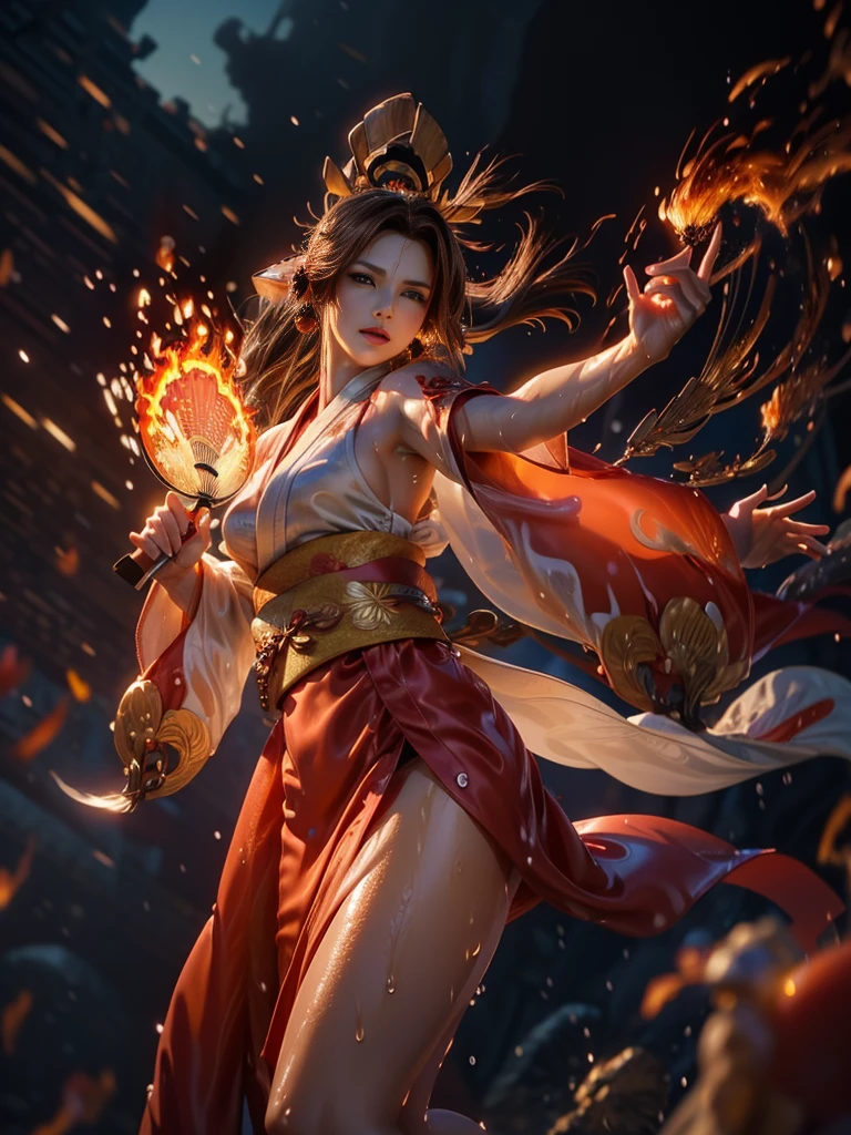 (exquisitely detailed CG unity 8k wallpaper, masterpiece-quality with stunning realism), (best illumination, best shadow), (best quality), (elegant style:1.2), Arti modern anime. angled view, heroic pose, (cel-shading style:1.3), centered image, ultra detailed closeup portrait of (Mai Shiranui:1) from (King of Fighters), best quality, expressive eyes, perfect face, highres, (ultra details), 1 girl, solo, (brown hair:1), hair ornament, eyeshadow, (gold, white and mainly red qipao:1), highly ornamented, (in Tokyo City:1), portrait, looking at the viewer, piercing eyes, full body, (light from the angle:1) (wind blowing:1.2).(depth of field effects:1.3) (motion action:1.2) (closeup:1.2) (motion blur effects:1), Thin to transparent,see-through, (((Soggy-kimono:1.2))),Lace fabric, (((water-immersed body: 0.9))), jewellery, (holding an oriental fan on fire:1.1), (asian face:1), nail polish, makeup , (fighting attack pose:1.2), (spinning turning around:1.2), (clothing on fire with flames:1.3), (closeup view:1)