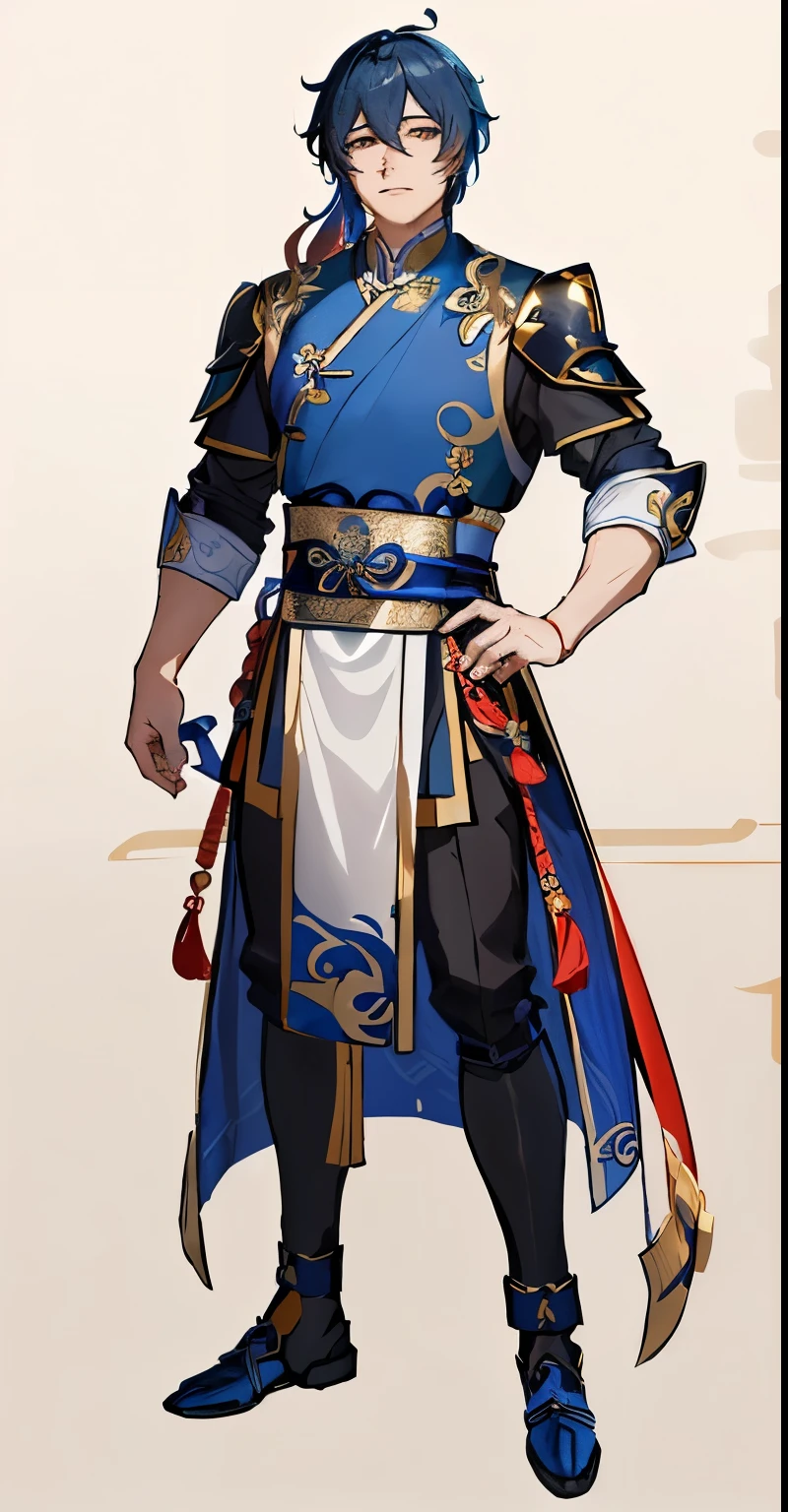 Close-up of person wearing blue and gold clothing, Keqing from genshin impact, 《Genshin Impact》Zhongli, Genshin Impact角色, heise jinyao, Inspired by Huang Shen, zhao yun, g liulian art style, feng zhu concept art, Inspired by Dong Yuan, Inspired by Hu Zaobin