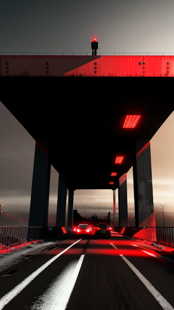 A black robot, with red details, walking in a bridge, many abandoned cars, post apocalyptic scene. The illustration is in high definition at 4k resolution, with highly-detailed  features and cinema-style visuals. Animation 3d style, hyper realistic, 60mpx, cold cinematic illumination, high steel textures, many reflects in your body. Wide view, aerea view