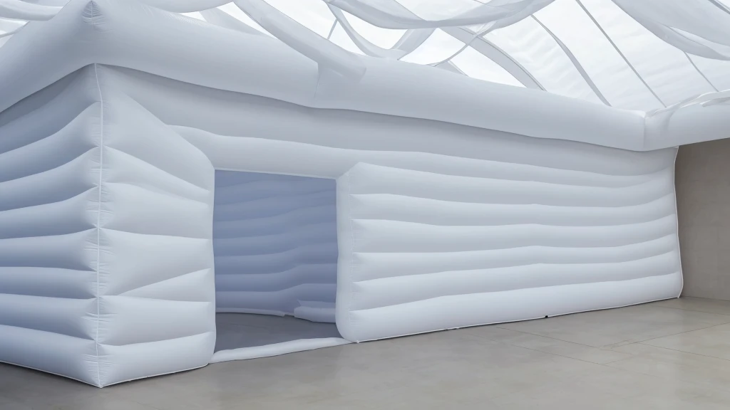 A wall composed of inflatable blocks,Front view,Realistic of a inflatable installation in the shape, white inflatable plastic film material, wrapped in a white polyester sheet. close-up,,minimalist, most best quality,32K Ultra HD, super detail, best quality, highres, high details,Top view