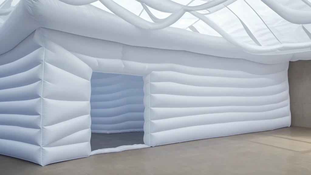 A wall composed of inflatable blocks，Front view，Realistic of a inflatable installation in the shape, white inflatable plastic film material, wrapped in a white polyester sheet. close-up，，minimalist, most best quality,32K Ultra HD, super detail, best quality, highres, high details，Top view
