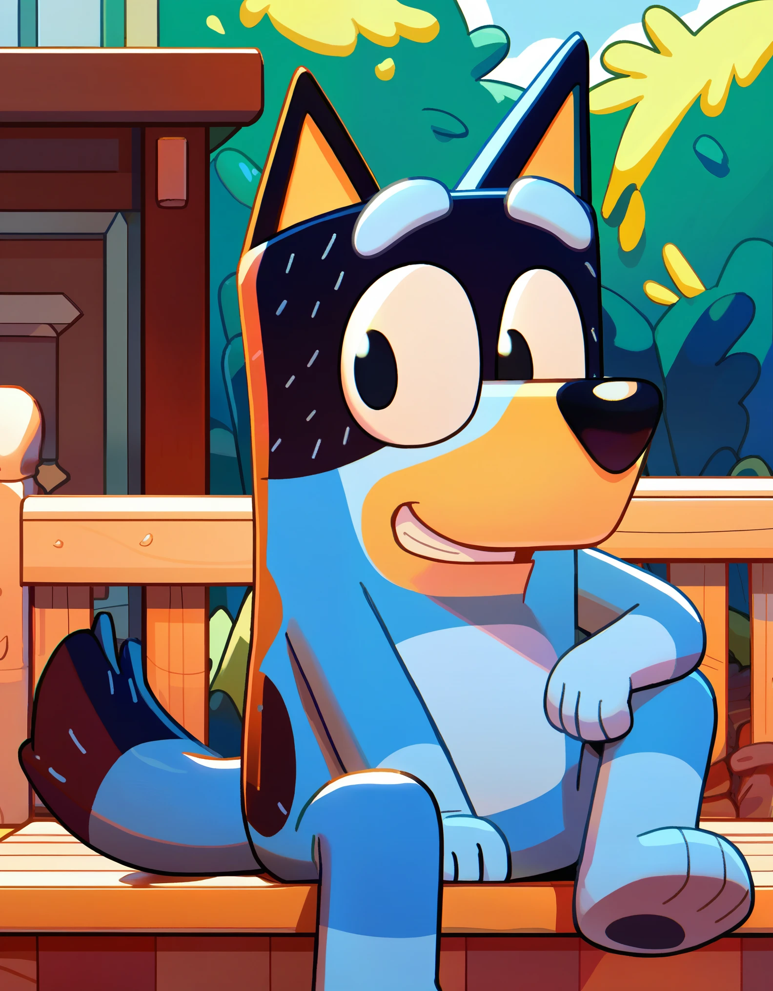 score_9, score_8_up, score_8, 1boy, solo, source_furry, blueyxl, bandit heeler, boxchibi, anthro, furry, tail, sly expression, blue body, brown belly, simple outdoor background, lazy