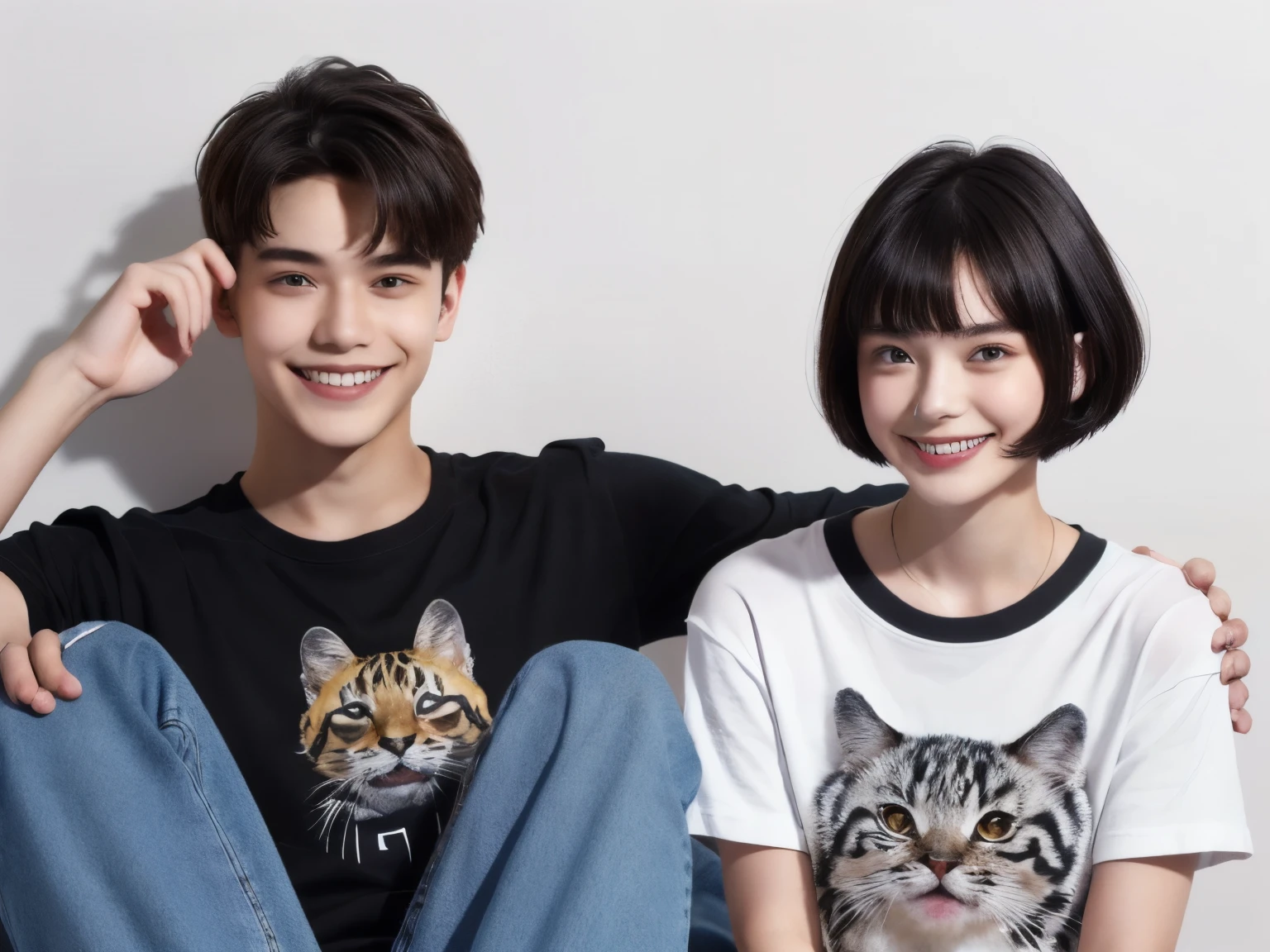 250 (An 18-year-old female and an 18-year-old male), (short hair),kind, lipstick, (jeans), (Animal characterTshirt), smile