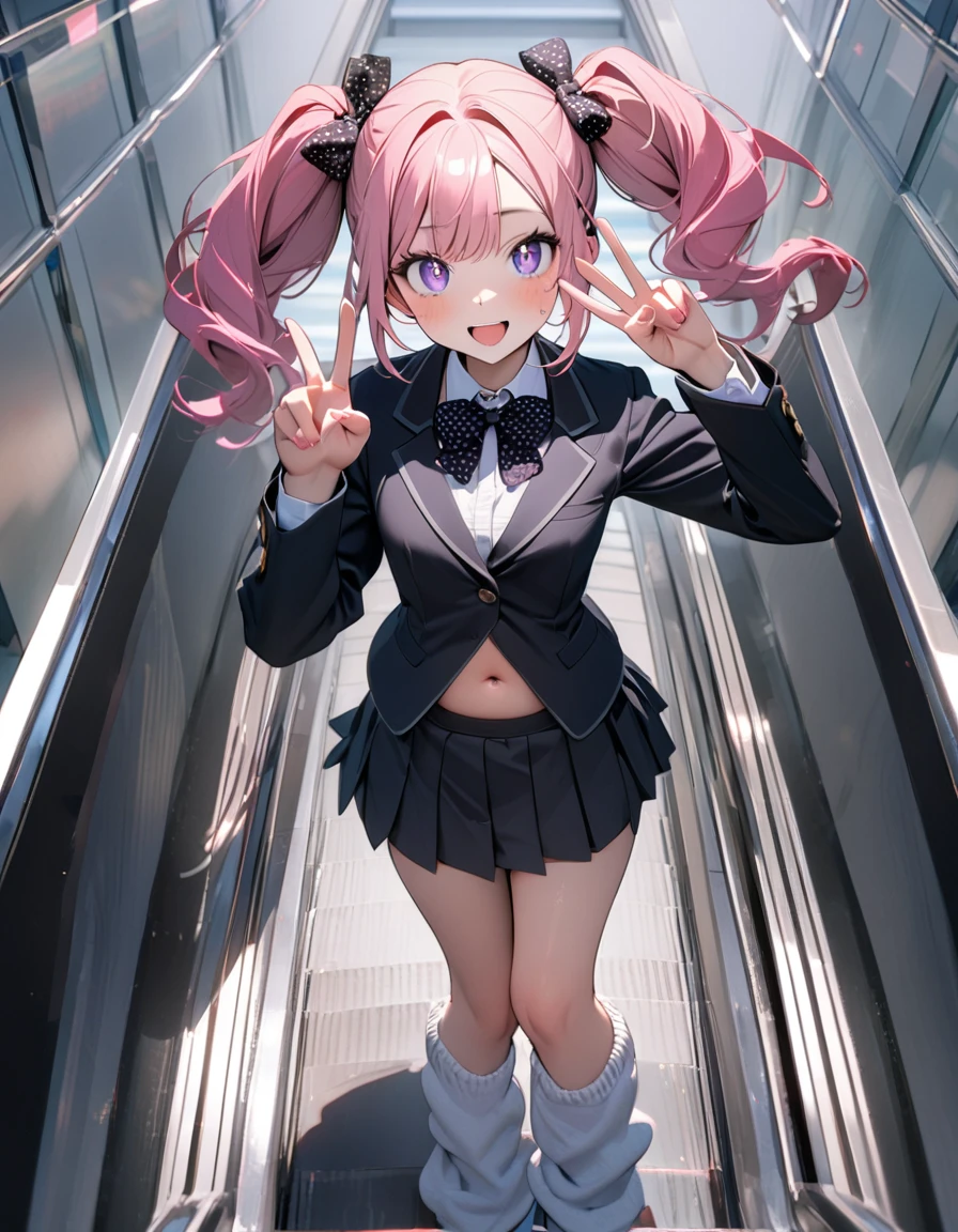 (8K, best quality, master piece: 1.2), super high resolution,1 girl,16yo,solo,1ultra-detailed face,detailed eyes,sparkling pupils,Mascara,Bubblegum Pink hair,natural wave hair,twintails,amethyst Eyes,(scrunchie,blazer,Short pleated skirt),(gray:1.5),navel,polka-dot pattern bow tie,happy,medium breasts,((loose socks)),(making a peace sign),リムライト,standing on a down escalator,Look at Viewer