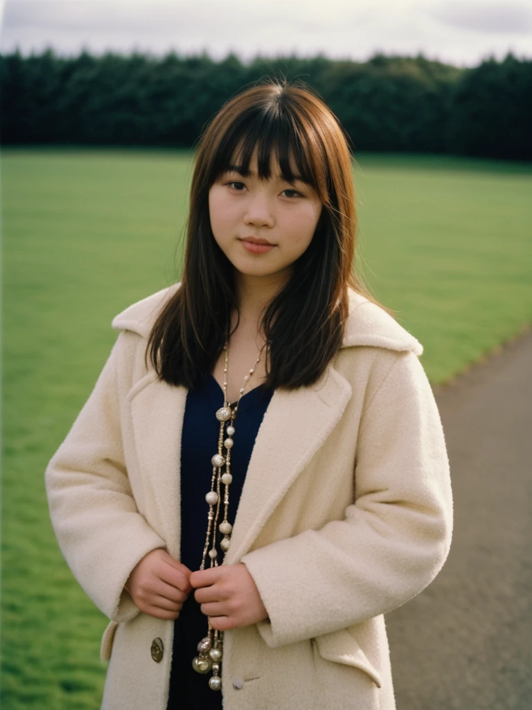 best quality, Charm a young girl 18 years old Chinese bangs beautiful girl standing in the UK, Northern Ireland, Beads, Shot with Leica M3 135mm f1.Limited to 8 people