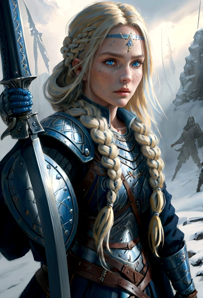 detailed portrait of a nordic warrior woman, 1 girl, long blonde braided hair, detailed face, beautiful blue eyes, detailed nose and lips, holding a shield and sword, in a war scene, detailed armor, intricate textured clothing, ambient lighting, cinematic composition, dramatic lighting, fantasy, highly detailed, 8k, photorealistic, masterpiece