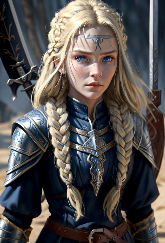 detailed portrait of a nordic warrior woman, 1 girl, long blonde braided hair, detailed face, beautiful blue eyes, detailed nose and lips, holding a shield and sword, in a war scene, detailed armor, intricate textured clothing, ambient lighting, cinematic composition, dramatic lighting, fantasy, highly detailed, 8k, photorealistic, masterpiece