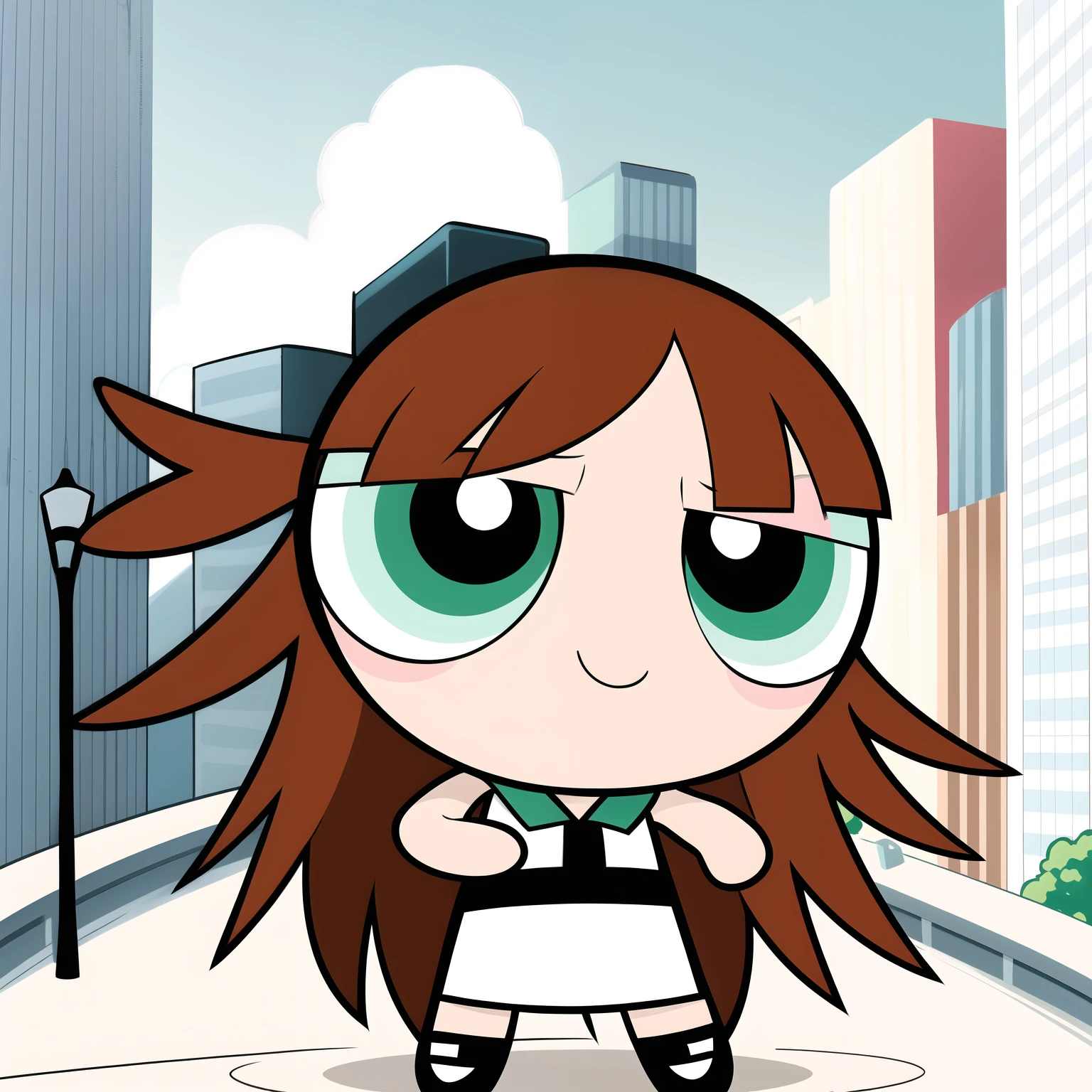 cute smile, full body, 1girl , chibi, ((brown hair)), mint colored eyes, white Sailor Dress, multicolored hair, city background,