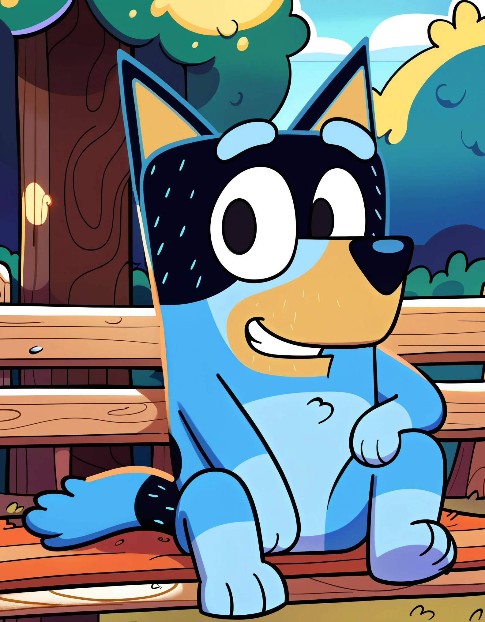 score_9, score_8_up, score_8, 1boy, solo, source_furry, blueyxl, bandit heeler, boxchibi, anthro, furry, tail, sly expression, blue body, brown belly, simple outdoor background, lazy