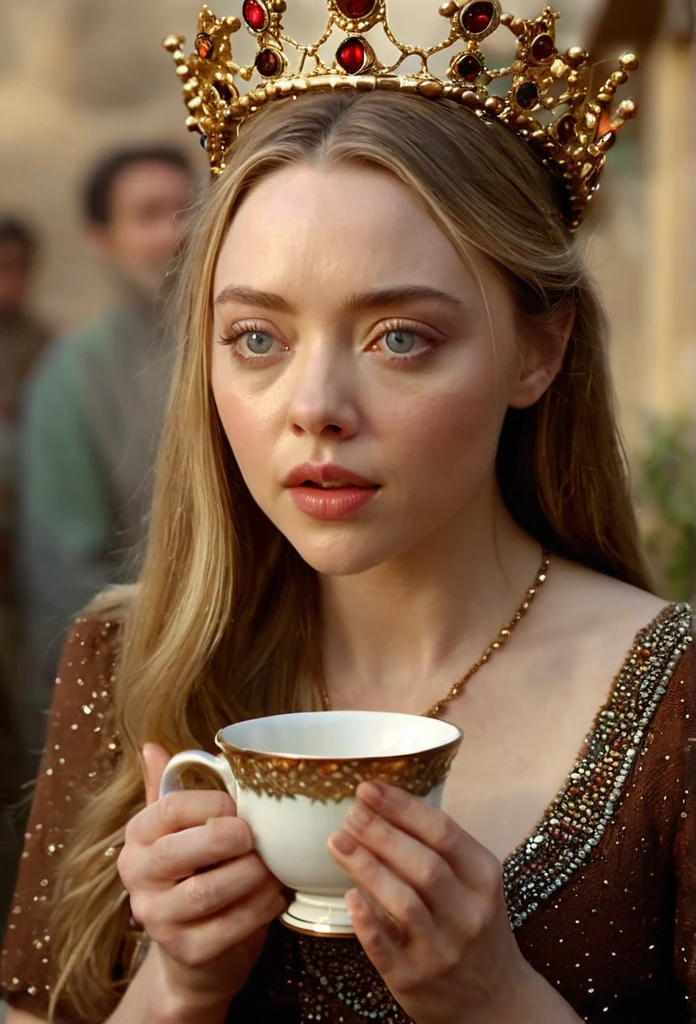 Masterpiece, Best Quality, Very detailed, sharp focus, dynamic lighting, vivid colors, texture detail, particle effects, narrative elements, narrative style, 16k, HDR, subject-background isolation,
surreal dramatic lighting shadow (praise, analogous thing), woman resembling young Amanda Seyfried with bright axule eyes, brown sultana style dress with many shiny stones, with a delicate gold crown on his head 1 hand is drinking tea, (perfect hand:1.2),