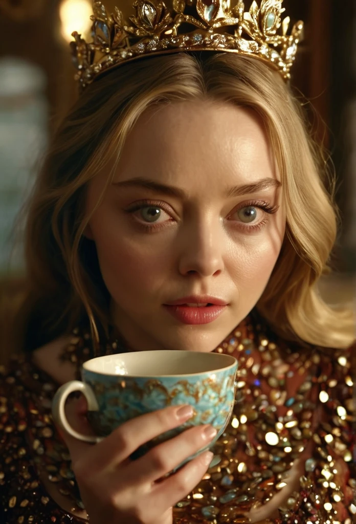 Masterpiece, Best Quality, Very detailed, sharp focus, dynamic lighting, vivid colors, texture detail, particle effects, narrative elements, narrative style, 16k, HDR, subject-background isolation,
surreal dramatic lighting shadow (praise, analogous thing),  woman resembling young Amanda Seyfried with bright axule eyes, brown sultana style dress with many shiny stones, with a delicate gold crown on his head 1 hand is drinking tea, (perfect hand:1.2),