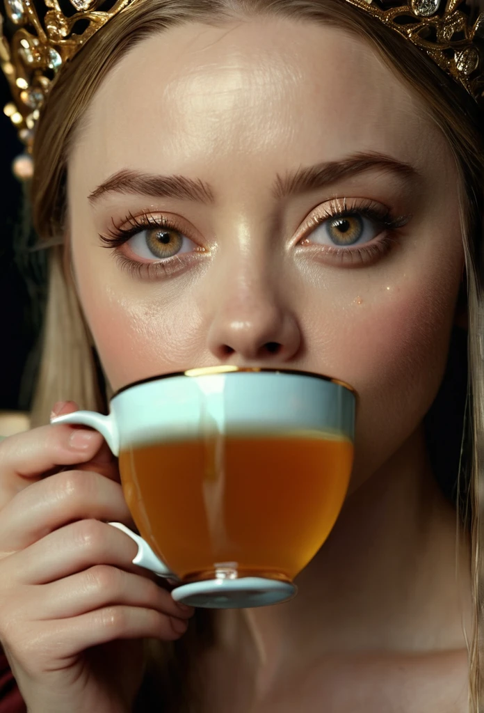 Masterpiece, Best Quality, Very detailed, sharp focus, dynamic lighting, vivid colors, texture detail, particle effects, narrative elements, narrative style, 16k, HDR, subject-background isolation,
surreal dramatic lighting shadow (praise, analogous thing), woman resembling young Amanda Seyfried with bright axule eyes, brown sultana style dress with many shiny stones, with a delicate gold crown on his head 1 hand is drinking tea, (perfect hand:1.2),