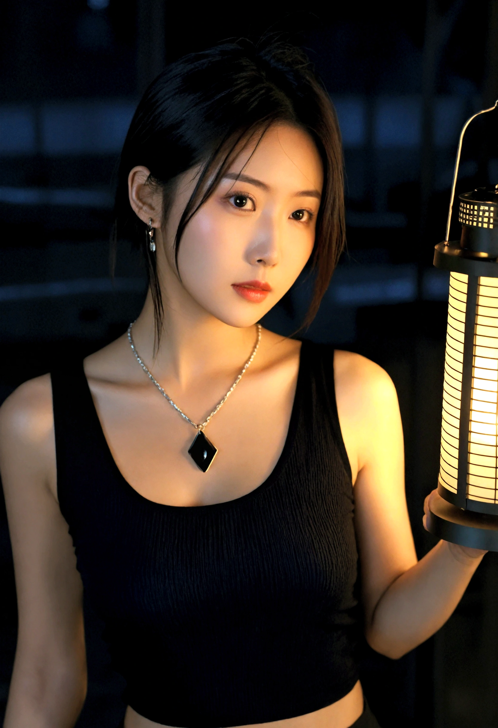 extreme close-up of beautiful korean female, 34 inch breasts size, wearing black tank top, necklace , holding lantern, in the darkness room, UHD