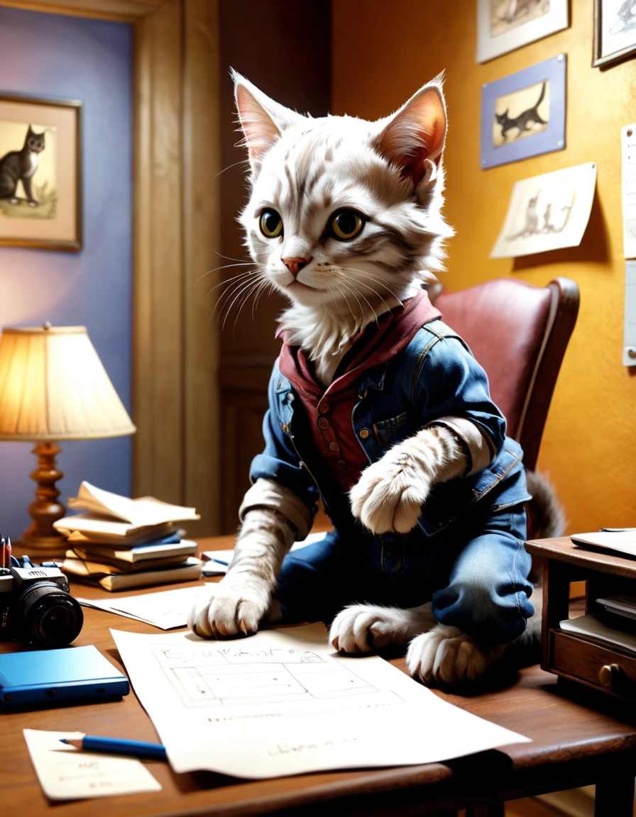 (photo film style), anthropomorphic, cute kitten, , in his room, studying, 2D, colorful, warm atmosphere, shiny, Jean-Baptiste Monge style, Alan Lee style
