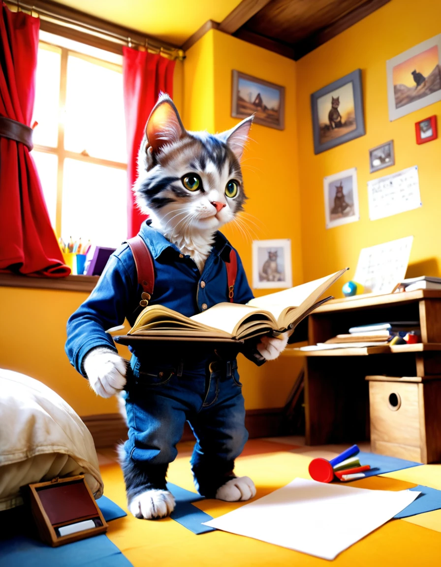 (photo film style), anthropomorphic, cute kitten, , in his room, studying, 2D, colorful, warm atmosphere, shiny, Jean-Baptiste Monge style, Alan Lee style