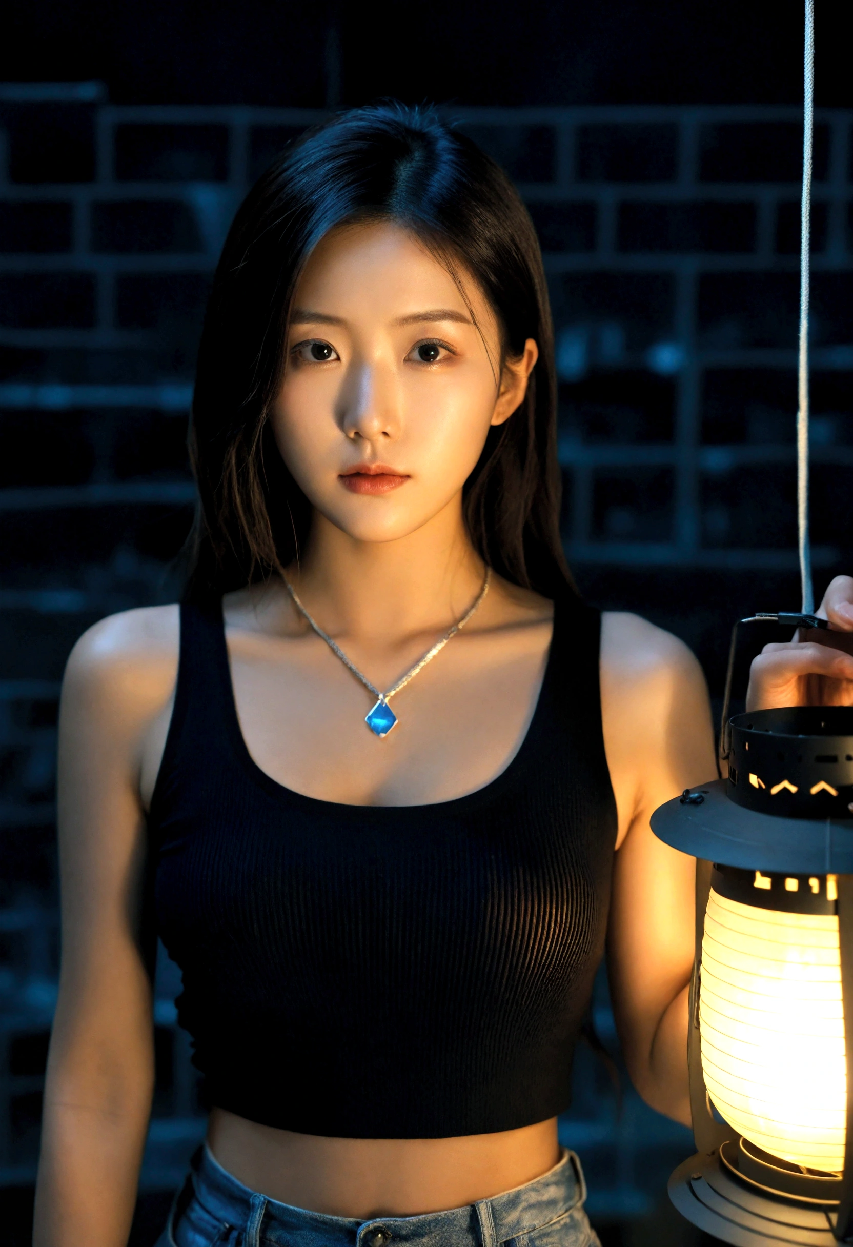 extreme close-up of beautiful korean female, 34 inch breasts size,  wearing black tank top, necklace , holding lantern, in the darkness room, UHD 