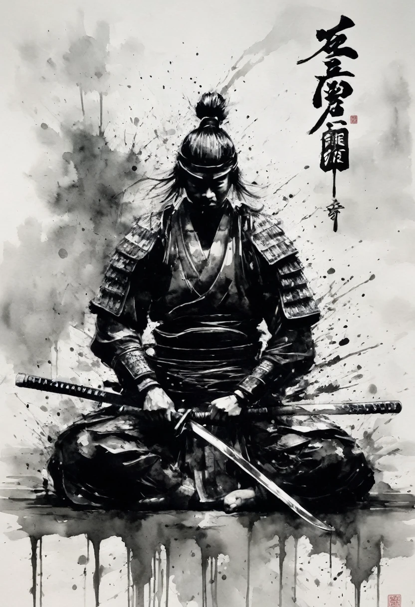 Black and white painting,Ink Painting,splash,Mamba Hair,samurai armor,sitting cross-legged,seppuku,disembowelment,