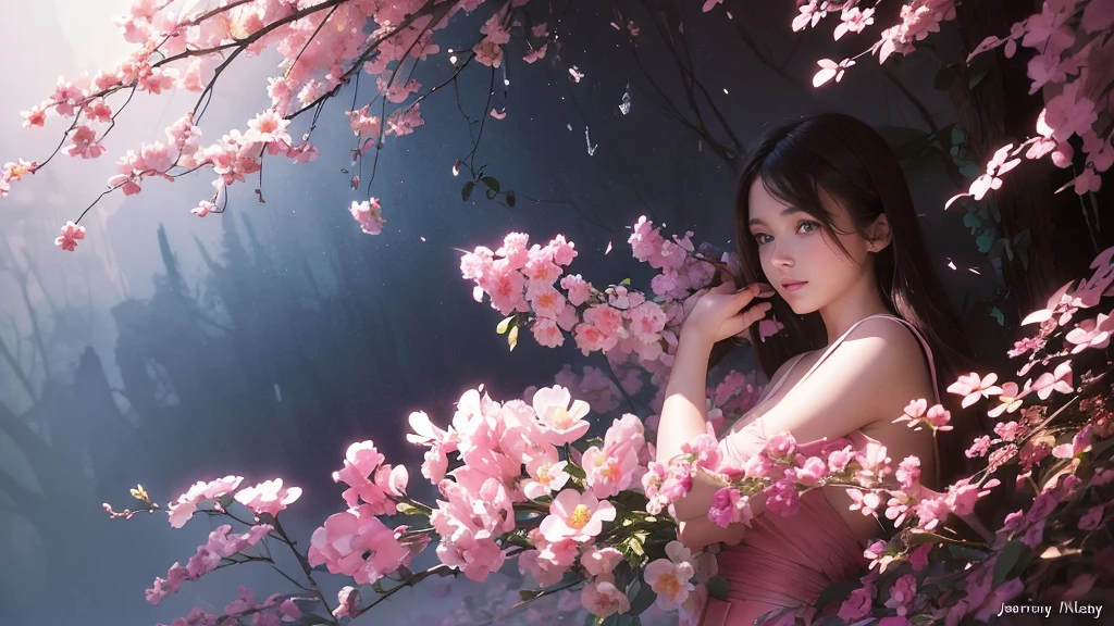 32k, Masterpiece, Highest quality, One girl, Detailed eyes, flower,Sandersonia, Pink and brown style,A dreamy, romantic piece,Pale pink, Mysterious Leaves,A playful arrangement,Fantasy,High Contrast,Ink strokes,explosion,Exposure, Impression of pink and brown tones,Abstract,((Watercolours by John Berkey and Jeremy Mann )) Brush strokes,Negative Space, Tyndall effect,