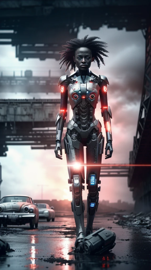 A black robot, with red details, walking in a bridge, many abandoned cars, post apocalyptic scene. The illustration is in high definition at 4k resolution, with highly-detailed features and cinema-style visuals. Animation 3d style, hyper realistic, 60mpx, cold cinematic illumination, high steel textures, many reflects in your body. Wide view, aerea view