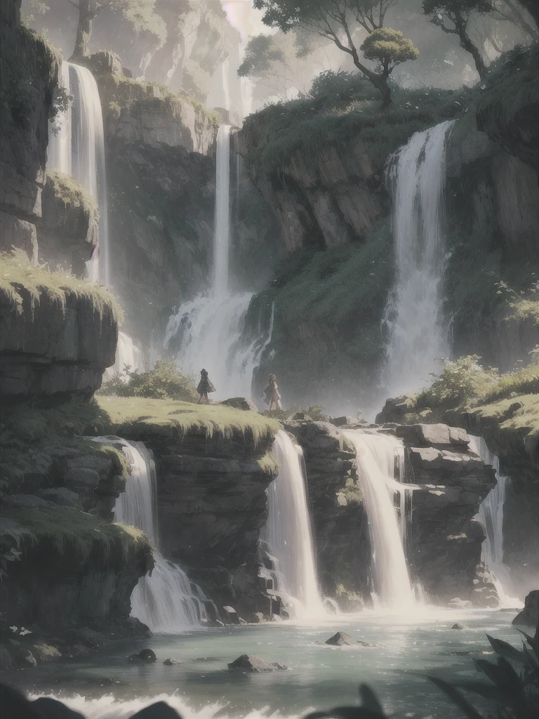 Waterfall conveys four adventurers natural fantasy landscape fairy green, Golden Ratio, アニメーションのdetailed, delicate, QuixelMegascans Trend, Perfect Image, Ultra-high resolution, Perfect composition, detailed, Super Color, (Skin with attention to detail: 1.2), 8K Ultra-high resolution, Digital single-lens reflex camera, Soft lighting, high quality, Film Grain, Fujifilm XT3  