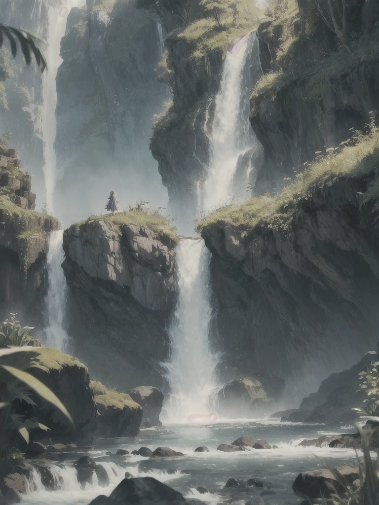 Waterfall conveys four adventurers natural fantasy landscape fairy green, Golden Ratio, アニメーションのdetailed, delicate, QuixelMegascans Trend, Perfect Image, Ultra-high resolution, Perfect composition, detailed, Super Color, (Skin with attention to detail: 1.2), 8K Ultra-high resolution, Digital single-lens reflex camera, Soft lighting, high quality, Film Grain, Fujifilm XT3