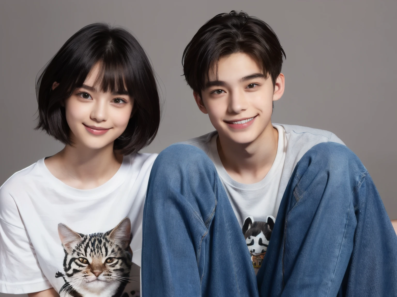 250 (An 18-year-old female and an 18-year-old male), (short hair),kind, lipstick, (jeans), (Animal characterTshirt), smile
