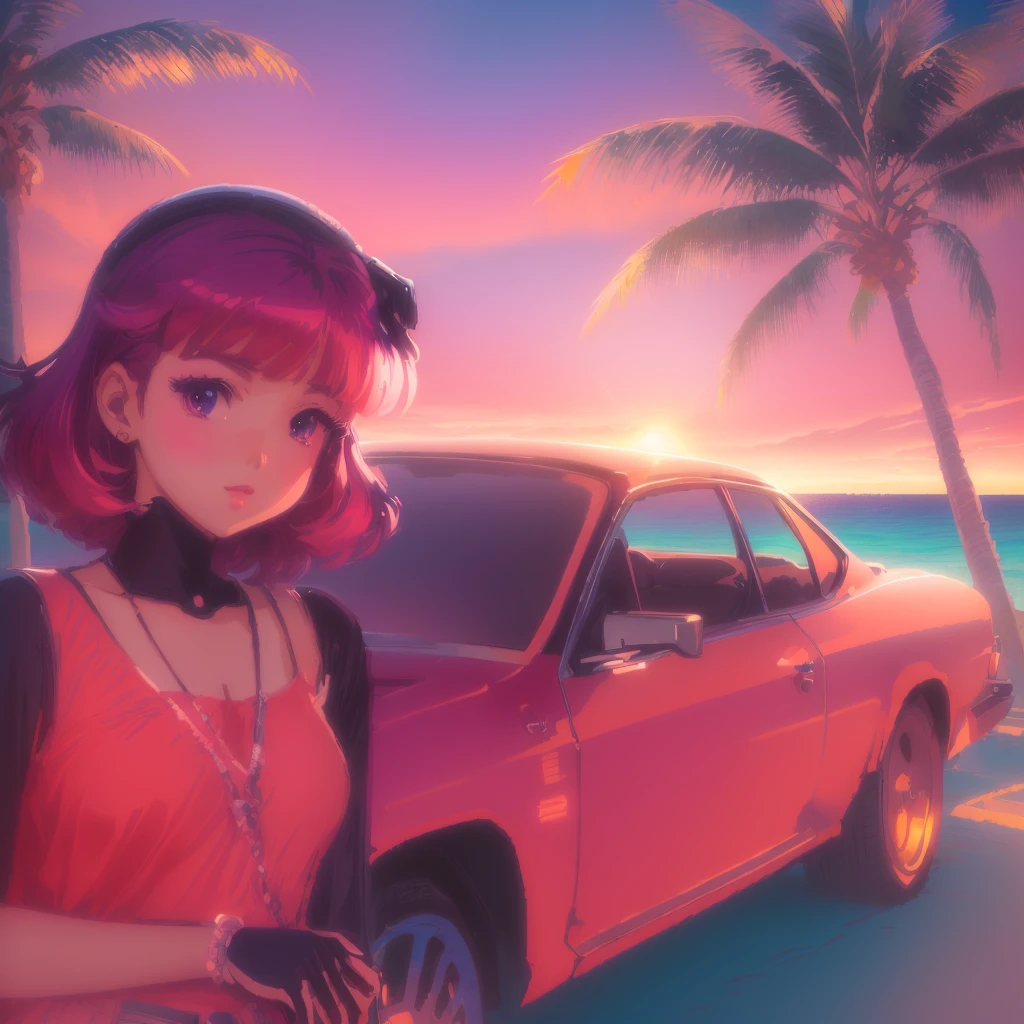 anime cute girl sun bathing with long dress on the sand, behind palm trees and ocean with beautiful sunset in background , lofi girl, art deco outrun anime aesthestic, lofi artstyle, lofi girl aesthetic, lofi aesthetic, 8 0s anime vibe, lofi art, anime vibes, anime aesthetic, lofi vibes, lofi feel, in the art style of 8 0 s anime