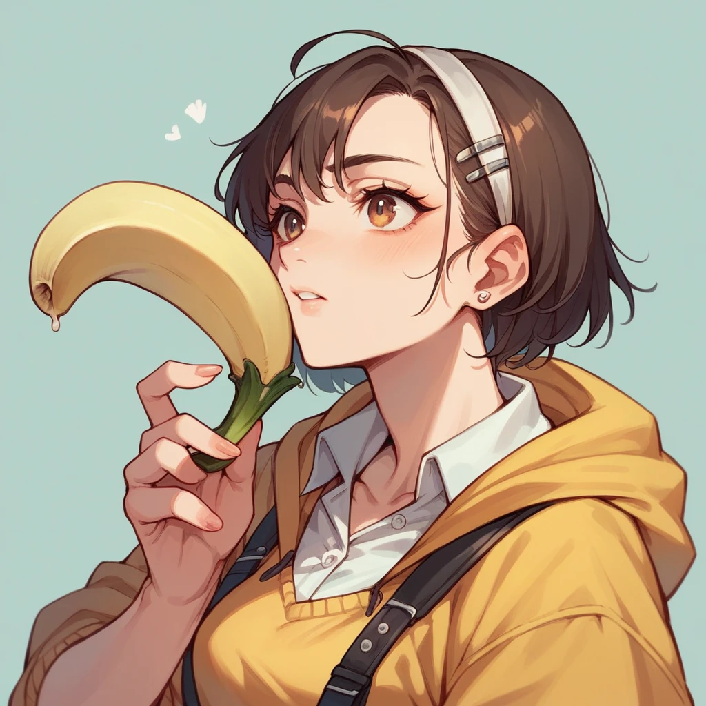 (masterpiece, best quality: 1.2), 1.Curly Secretary，Sexy eyes,Head close-up，Moist sexy lips，A lot of saliva ，eating banana，earrings（（Black business attire））