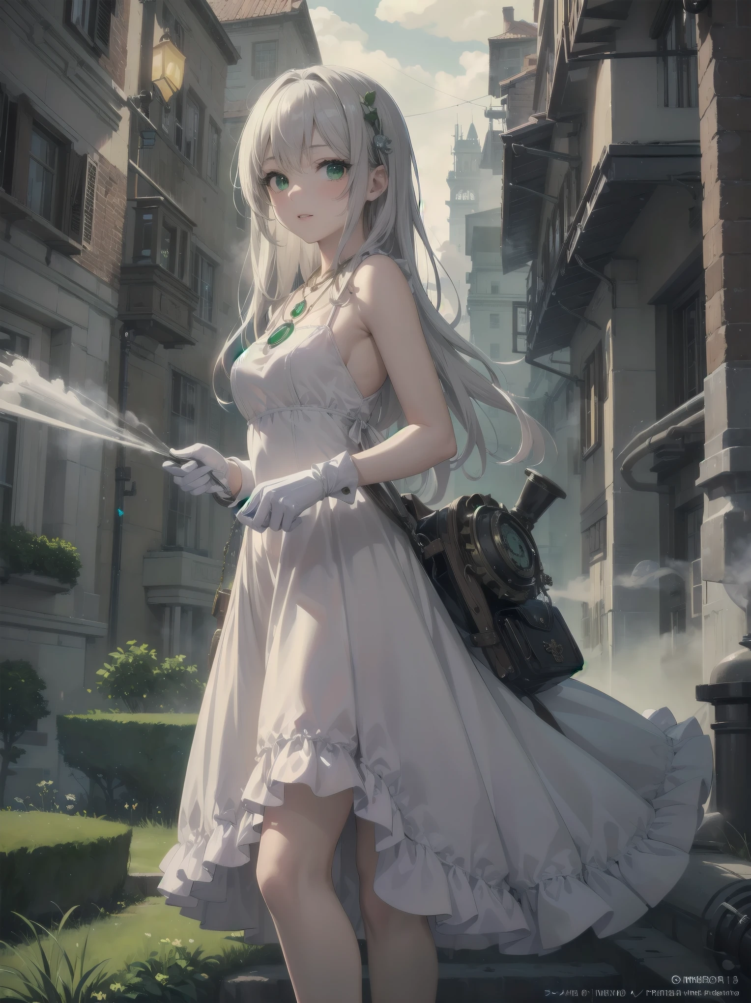 (masterpiece:1.2), (Highest quality:1.2), Ultra-high resolution, Very detailed, break, ((Anime girl standing with a pocket watch in her hand)), Surreal Girl, (1 person,,boyish, , 13 yea A light smile, , The charm of androgyny, Long Hair, ((Platinum Hair)), Messy Hair, small and soft breasts,Slender boll Ass, Small green eyes,Finnd beautiful eyes, Well-proportioned iris and pupil, Expressive eyes, Beautiful and detailed lips, High resolution detailed hair, Perfect Eyes, Perfect Face, ultra high density skin, Full Finger, Perfect lighting, break, ((Light green necklace)), ((White Dress:1.3)), light green tie, Sparkling Sapphire, Lady, Wear white gloves, break, (steampunk), Castle balcony, Skyscraper, Night view, Equipment, pipe, (Steam spewing out from pipes:1.2), Fantasy, break, ((Positive:1.3)), break, Digital anime art,Anime style illustrations,Anime illustration