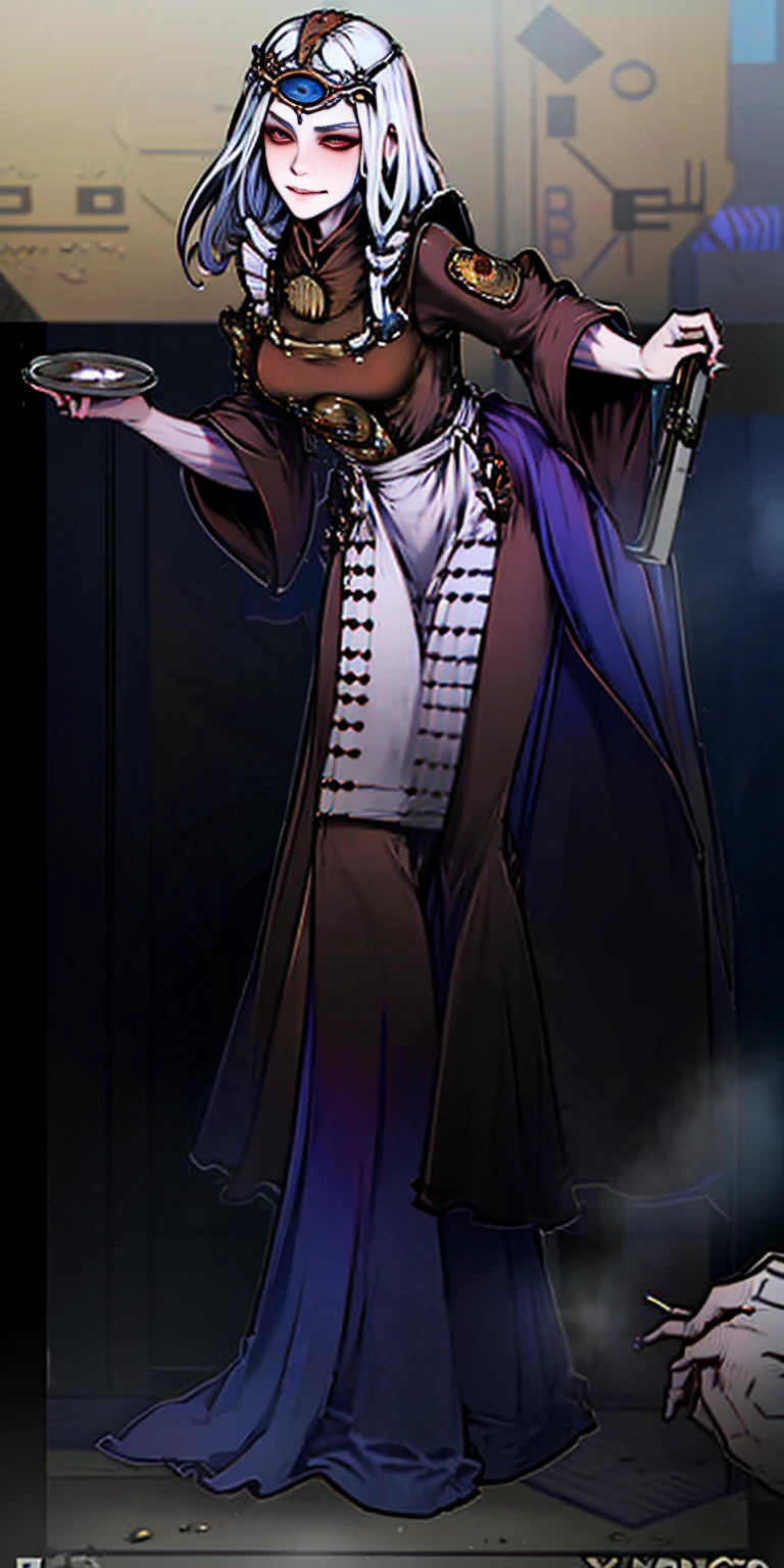 full body standing straight symmetrical, lustful smirking smile face red blush red cheeks, looking at viewer, holding tray, braid, maid headdress, maid, dress, apron, long sleeves, brown pantyhose, long leather militar boots, thighs, long white hair, masterpiece