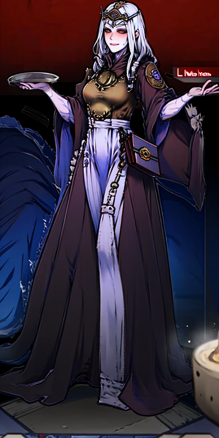 full body standing straight symmetrical, lustful smirking smile face red blush red cheeks, looking at viewer, holding tray, braid, maid headdress, maid, dress, apron, long sleeves, brown pantyhose, long leather militar boots, thighs, long white hair, masterpiece