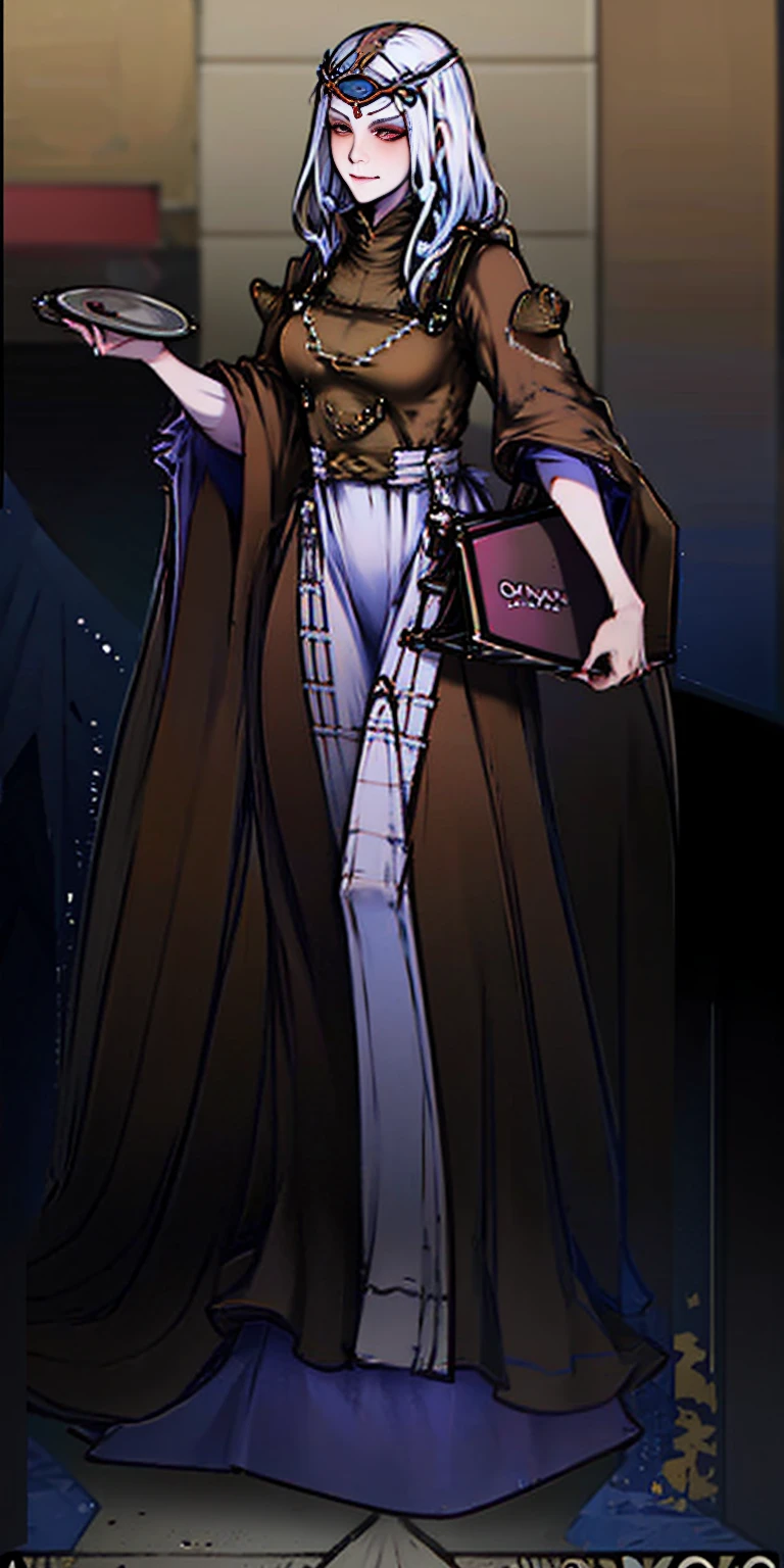 full body standing straight symmetrical, lustful smirking smile face red blush red cheeks, looking at viewer, holding tray, braid, maid headdress, maid, dress, apron, long sleeves, brown pantyhose, long leather militar boots, thighs, long white hair, masterpiece