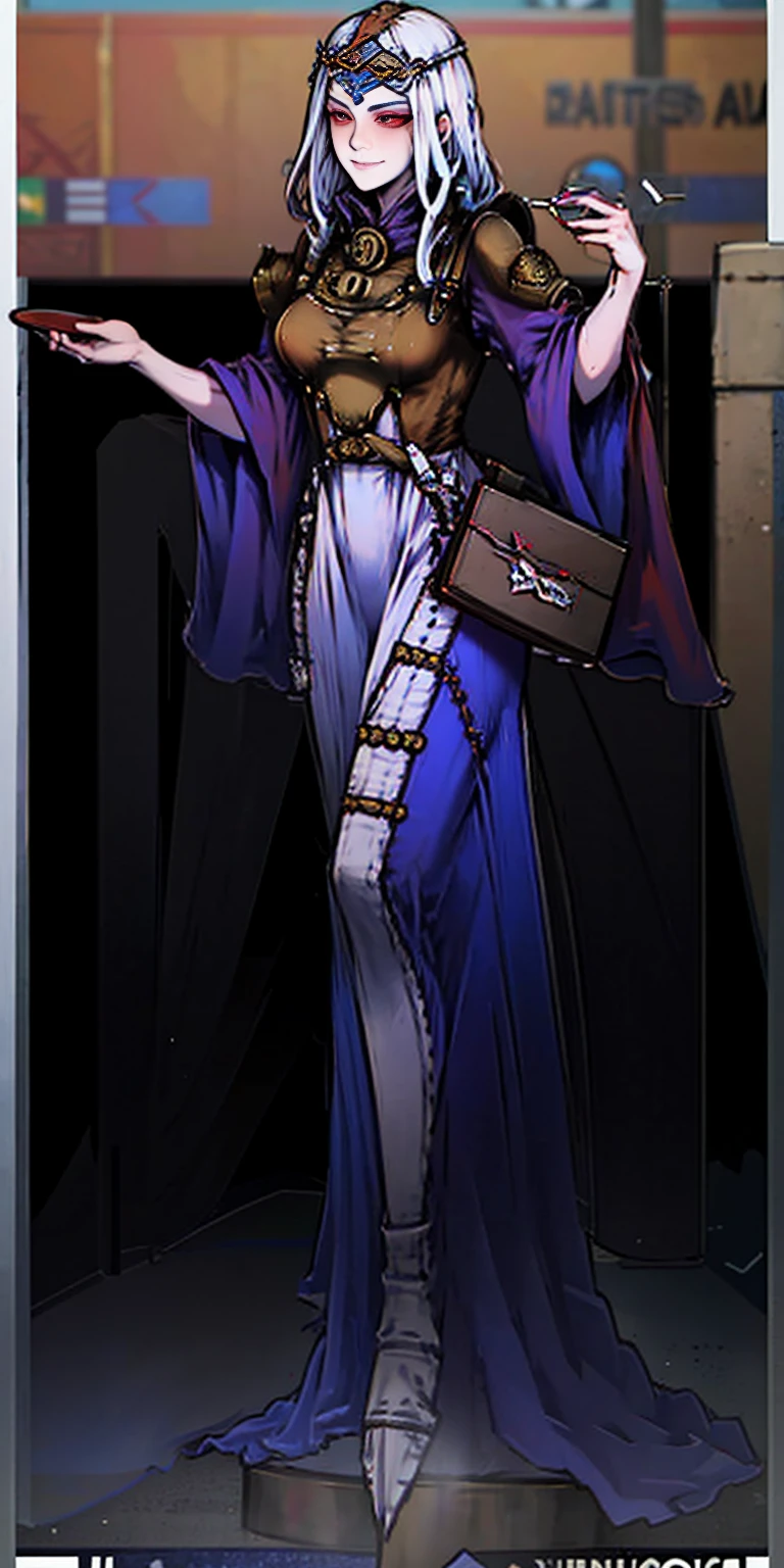 full body standing straight symmetrical, lustful smirking smile face red blush red cheeks, looking at viewer, holding tray, braid, maid headdress, maid, dress, apron, long sleeves, brown pantyhose, long leather militar boots, thighs, long white hair, masterpiece
