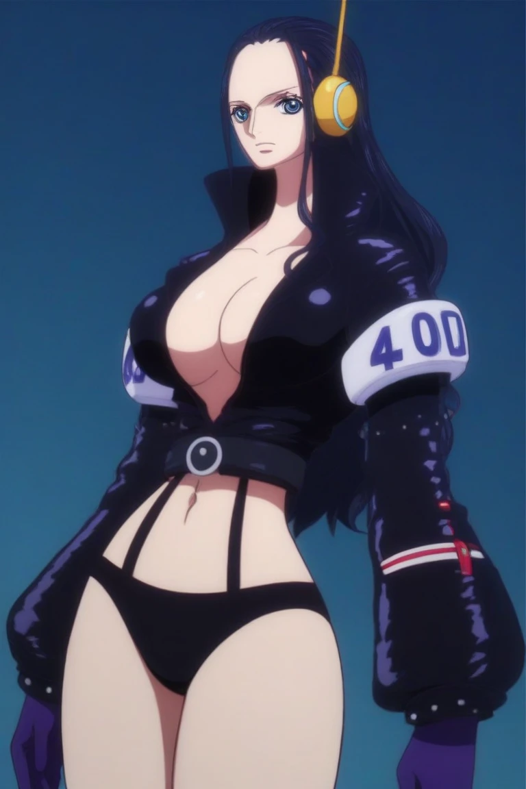 ,nico_eg, breasts, black hair, 1girl, large breasts, cleavage, long hair, jacket, blue eyes, navel, gloves, underwear,