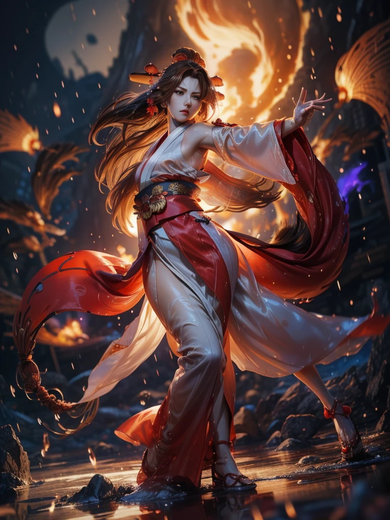 (exquisitely detailed CG unity 8k wallpaper, masterpiece-quality with stunning realism), (best illumination, best shadow), (best quality), (elegant style:1.2), Arti modern anime. angled view, heroic pose, (cel-shading style:1.3), centered image, ultra detailed closeup portrait of (Mai Shiranui:1) from (King of Fighters), best quality, expressive eyes, perfect face, highres, (ultra details), 1 girl, solo, (brown hair:1), hair ornament, eyeshadow, (gold, white and mainly red qipao:1), highly ornamented, (in Tokyo City:1), portrait, looking at the viewer, piercing eyes, full body, (light from the angle:1) (wind blowing:1.2).(depth of field effects:1.3) (motion action:1.2) (closeup:1.2) (motion blur effects:1), Thin to transparent,see-through, (((Soggy-kimono:1.2))),Lace fabric, (((water-immersed body: 0.9))), jewellery, (holding an oriental fan on fire:1.1), (asian face:1), nail polish, makeup , (fighting attack pose:1.2), (spinning turning around:1.2) (dress on fire:1.2), (2 arms:1) (2 legs:1) (2 hands:1) (closeup:1) (leaning forwards:1)