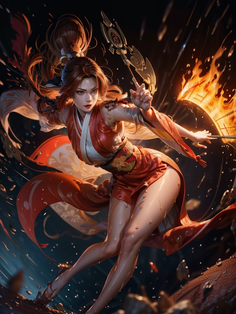 (exquisitely detailed CG unity 8k wallpaper, masterpiece-quality with stunning realism), (best illumination, best shadow), (best quality), (elegant style:1.2), Arti modern anime. angled view, heroic pose, (cel-shading style:1.3), centered image, ultra detailed closeup portrait of (Mai Shiranui:1) from (King of Fighters), best quality, expressive eyes, perfect face, highres, (ultra details), 1 girl, solo, (brown hair:1), hair ornament, eyeshadow, (gold, white and mainly red qipao:1), highly ornamented, (in Tokyo City:1), portrait, looking at the viewer, piercing eyes, full body, (light from the angle:1) (wind blowing:1.2).(depth of field effects:1.3) (motion action:1.2) (closeup:1.2) (motion blur effects:1), Thin to transparent,see-through, (((Soggy-kimono:1.2))),Lace fabric, (((water-immersed body: 0.9))), jewellery, (holding an oriental fan on fire:1.1), (asian face:1), nail polish, makeup , (fighting attack pose:1.2), (spinning turning around:1.2) (dress on fire:1.2), (2 arms:1) (2 legs:1) (2 hands:1) (closeup:1) (leaning forwards:1)