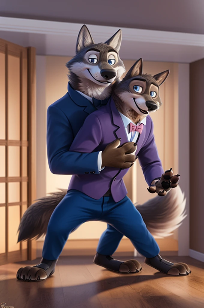 Larry (Zootopia), wolf, Gray Fur, (brown body:1.3), beautiful blue eyes, Zootopia, dressed,blazer,pink shirt,trousers,bow tie, canine,wolf, Detailed fur, male, antro, paw pads, finger claws,одевает bow tie, Plays,at viewer, 5 fingers, paws, 4 toes, in the marriage palace, groom, next to stepfather, белый wolf, 
BREAK from nextel, for dating, by xenoforge, (difficult, high detail,digital photography, soft focus, RAW, close to the camera, smile, positive, good, mood, Houses, looks at the viewer, очень close to the cameraтанцевальный зал, dancing tango, Wolf, wolfи, elegant, 
Photorealism, realistic, photorealistic,digital style, Subsurface scattering,очень close to the camera
шедевр, Best quality, ultra realistic, 8 k)