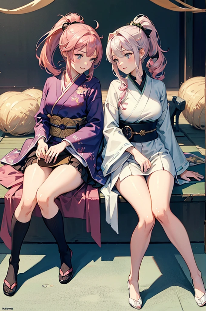 two shot, (2 robot girls), ((masterpiece)), best quality, ultra-detailed, extremely detailed, 4K, 8K, best quality, beautiful, (no bad anatomy), steampunk, watercolor, anime style, dynamic angle, Japanese-style room, 2 cute girls, shrine maiden, beautiful pink hair, beautiful silver eyes, beautiful eyes, ponytail, flowers, Japanese sword, smile, light smile, sparkling effect,--extra legs